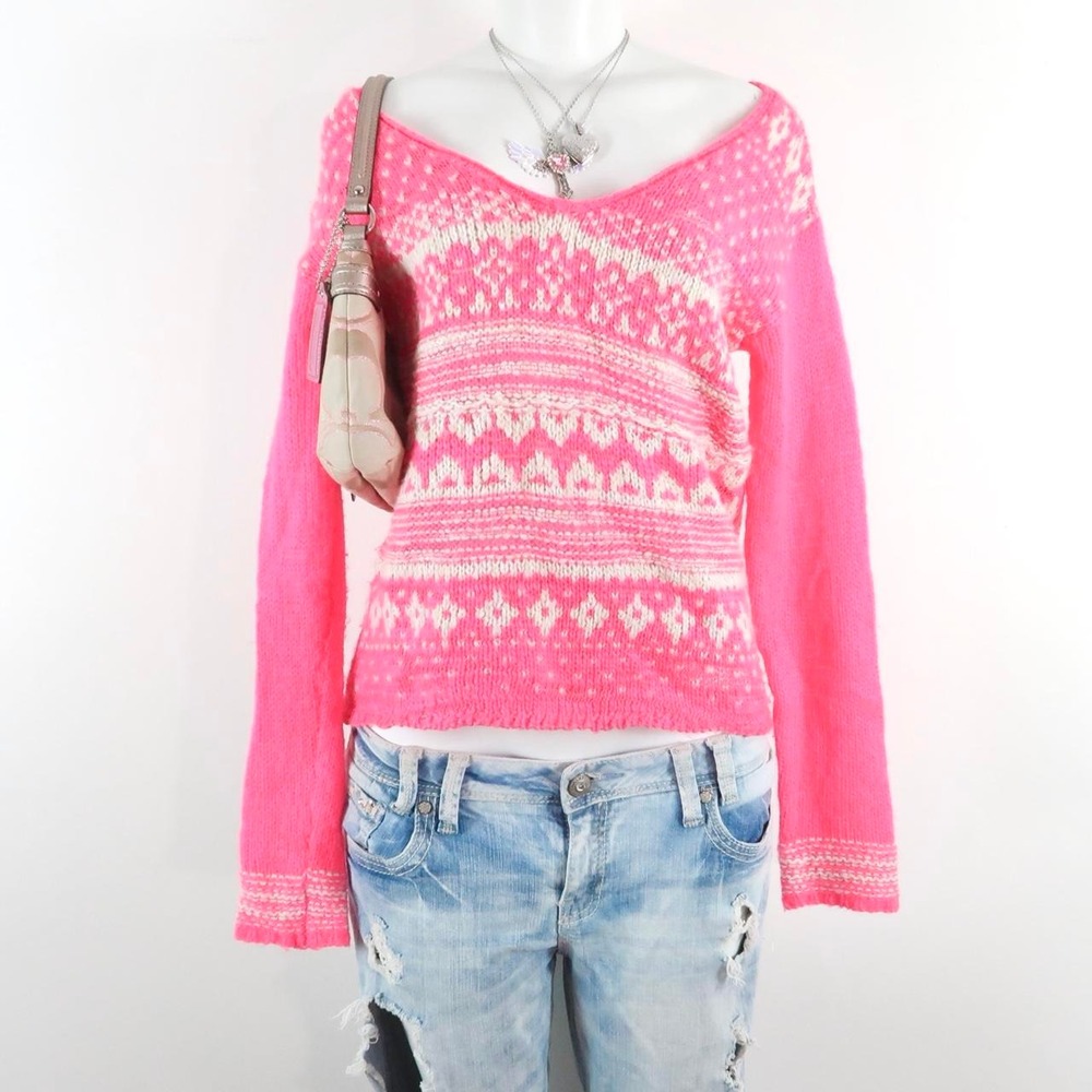 y2k aeropostale hot pink fair isle knit sweater slouchy